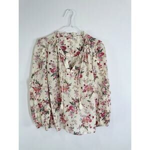 Lucky Brand Womans Top Boho Peasant Blouse pink red Floral V Neck LS Size M